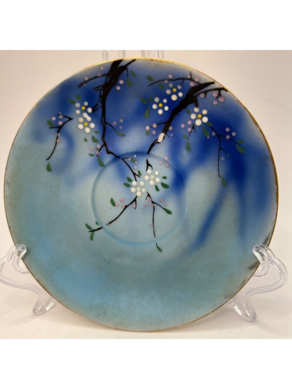2 Hand Painted Japanese Saucer With Cherry Blossom Design Gold Rim 6" Vintage